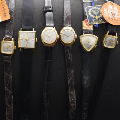 4 Onsa, 1 Nisius & 1 Repco Damenarmbanduhr in GG 750/000 aus Lagerbestand, Schweiz um 1950-1960, alle Handaufzug, Böden aufgedr., silb. ...