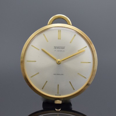 TERVINA Frackuhr in GG 585/000 aus Lagerbestand, Schweiz um 1960, Handaufzug, Boden aufgedr., silb. Zifferbl. m. gold. Std. Ind. & Zeigern, rotverg. ...