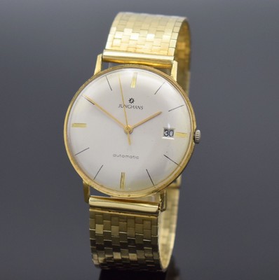 JUNGHANS vergoldete Armbanduhr mit Band in GG 585/000, Schweiz um 1960, Automatik, Goldband später, Stahlboden aufgedr., gold. Zeiger, Datum, Kal. ...