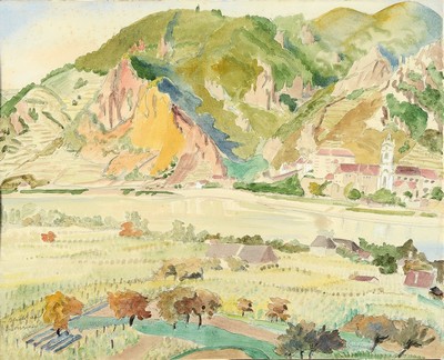 Erich Heckel, 1883-1970, Aquarell, "Blick auf Dürnstein aus dem Jahre 1941, sign., dat. Erich Heckel 41, Die Arbeit ist im Werkarchiv Nachlass ...