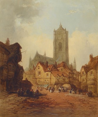 John Henry Foley, 1818 Dublin - 1974 London, Bildhauer und Maler, Stadtansicht mit Kathedrale im Hintergrund, belebte Straßenszene mit Händlern und ...