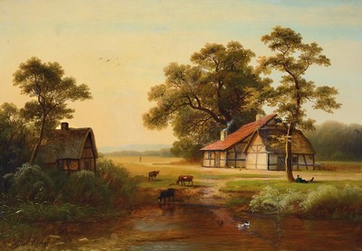 Geert Lange, 2. Hälfte 19. Jh., Flußlandschaft mit Kühen und Hof, Öl/Lwd, li. unten signiert, krakeliert, l. Altersspuren, teilrestauriert, ca. ...