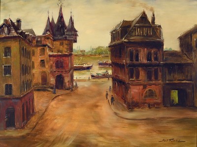 Albert Fessler, 1908 Königsbach - 1978, Frankfurter Ansicht, Blick durch die Altstadt auf den Main, Öl/Lwd, re. u. signiert, ca. 60 x 80 cm, ...