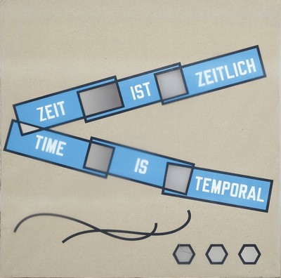 Lawrence Weiner, geb. 1942, "Zeit ist Zeitlich"", Vereinsgabe 2014, Kölnischer Kunstverein, Siebdruck mit Cutout auf Karton, ...