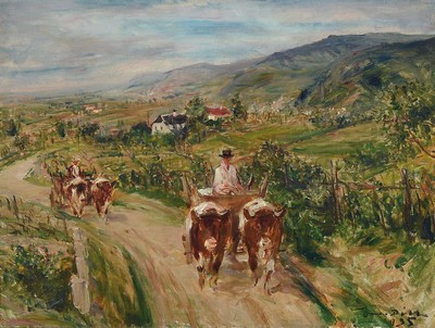 Otto Dill, 1884 Neustadt - 1957 Bad Dürkheim, Pfälzer Landschaft mit Ochsenfuhrwerken, aus 1935, Sommerlandschaft wohl bei Birkweiler mit zwei ...