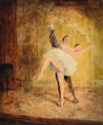 Otto Pippel, 1878 Lodz - 1960 Planegg, Tanzpaar, atmosphärische Ballettszene auf goldfarbenem Hintergrund, Spitzentanzpaar in stiltypischer Pose der ...