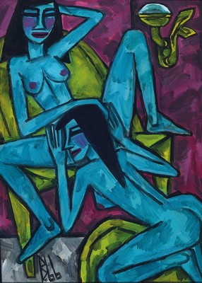Berutscha, 1945 - 2013,erotisches Aktgemälde, Öl/Malplatte, rückseitig signiert und dat. 66, ca. 70 x 50 cm, Rahmen 72 x 52 cm