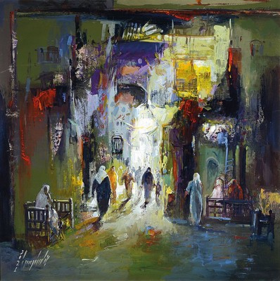 Abbas Al-Mosawi, geb. 1952, Souk-Szene, orientalischer, belebter Markt, reiche Figurenstaffage, Acryl/Lwd, signiert und dat. 2021, Rahmen ca. 105 x ...