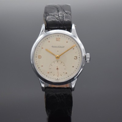 Jaeger-LeCoultre Herrenarmbanduhr, Schweiz um 1945, Handaufzug, verchr. Gehäuse, Edelstahlboden aufgedr., silb. Zifferbl. m. gold. arab. Zahlen & ...