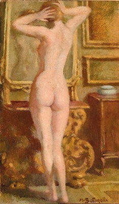 Mario Guiseppe Bettinelli, 1880 Treviglio - 1953 Mailand, Rückenakt, Öl/Platte, li. u. signiert, ca. 48 x 28 cm, Rahmen: 66 x 47 cm, l. ...