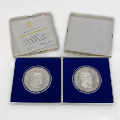 Konvolut 2 Silbermünzen 20 Balboas, Panama, 1974, Simon Bolivar 1783-1830, rv: Republica de Panama, 925er Silber