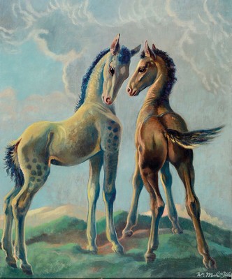Willi Münch-K'he 1885-1960 Karlsruhe, Öl/Lwd, zwei Fohlen in anthropolisierender, neckischer Szene, schwierige Stellung der Tiere, feine ...
