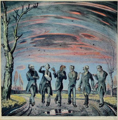 Willi Münch-K'he, 1885-1960 Karlsruhe, Radierung, "Die Geborgenen," bez:" Vorzugsabzug einziges koloriertes Blatt ...", ...