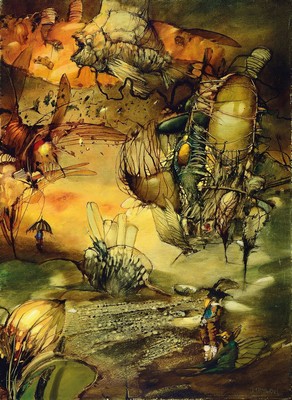 Tomasz Setowski, geb. 1961 Czestochowa/Polen, polnische Märchenszene mit Insekten und Figuren, Acryl/Lwd, signiert, rückseitig bez. Collection ...