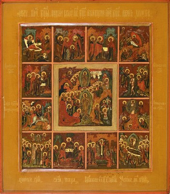 Ikone, Russland, um 1800, Christi Auferstehung und Festtage, mittig Osterbild , kleine Felder mit Szenen aus dem Leben Jesu und der Gottesmutter, ...