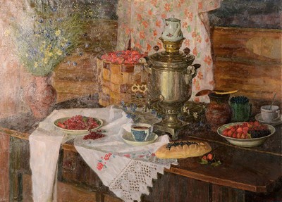 Stanislav Prilutskij, geb. 1951 Kursk, großformatiges Bauernstillleben von 1993, signiert, Öl/Lwd, rückseitig auf der Leinwand in kyrill. ...