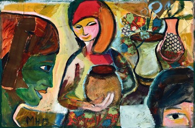 Margret Hofheinz-Döring, 1910-1994, Die Gärtnerinnen, Öl und Collage auf Malkarton, monogr. MHD, rückseitig betitelt