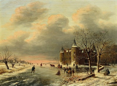 Sebastian Thodorus Voorn Boers, 1828 - 1893 Rotterdam, Stillleben- u. Landschaftsmaler in altniederländischer Manier, Winterlandschaft mit typisch ...