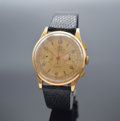 BRITIX Herrenarmbanduhr mit Chronograph in GG 750/000, Schweiz um 1950, Handaufzug, Geh. dell., Boden & Glasrand aufgedr., Zifferbl. m. arab. Zahlen ...