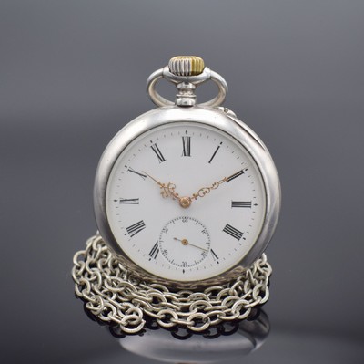 IWC offene Herrentaschenuhr in Silber 800/000 mit Silberkette in Sterlingsilber, Schweiz um 1899, Silbergeh. dell., guill. Rückdeckel m. Monogramm, ...