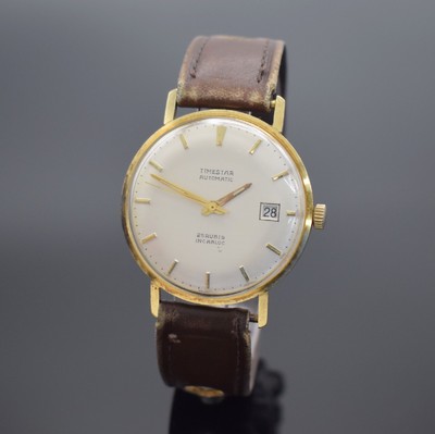 TIMESTAR Herrenarmbanduhr in GG 585/000, Schweiz um 1965, Automatik, 2-teil. Gehäuse, Boden aufgedr., silb. Zifferbl. m. aufges. Std.-Ind., gold. ...