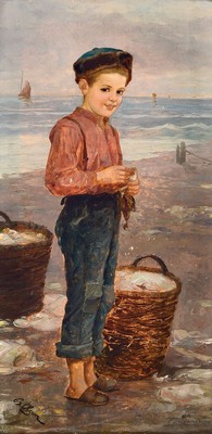 B. Olsen, Porträtmaler Ende des 19.Jh., Junge am Strand, eine Pfeife stopfend, links unten signiert, Öl/Lwd, Rahmen, ca. 72x45 cm