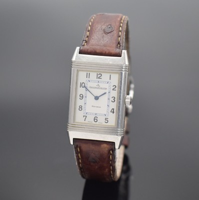 Jaeger-LeCoultre Reverso Armbanduhr in Stahl, Schweiz um 2000, quarz, Ref. 252.8.08, um 180 Grad drehb. Wendegeh., neutr. Lederband m. orig. ...