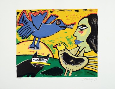 Corneille, 1922 Lüttich-2010 Auvers-sur-Oise , Studium an der Rijksakademie Amsterdam, Mitbegründer der Gruppe CoBrA, hier: blauer Vogel und ...