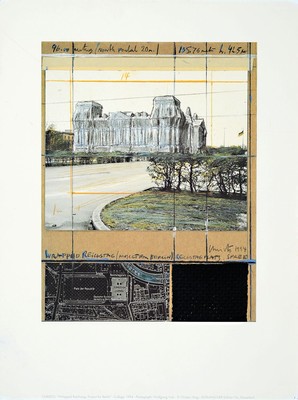 Christo, 1935 Gabrovo - 2020 New York City , "Wrapped Reichstag, Project for Berlin", Collage 1994, Hrsg. Kunstverlag Schumacher, Edition ...