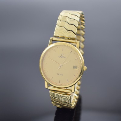 OMEGA De Ville Herrenarmbanduhr in GG 750/000, Schweiz verk. lt. beil. Garantiekarte 04/1994, quarz, Boden aufgedr., neutr. Flexband in GG 585/000, ...