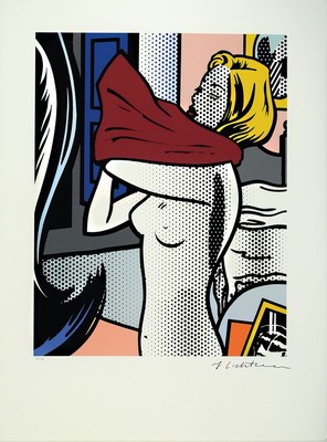 Nach Roy Lichtenstein, 1923-1997 New York, ohne Titel, Halbakt beim Ankleiden, Farboffset auf Arches, im Druck signiert, Ed. 78/199, Galerierahmen ...