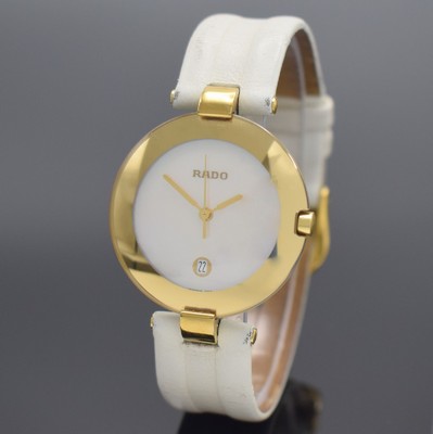 RADO Damenarmbanduhr Coupole in Stahl vergoldet, Schweiz um 2005, quarz, Ref. 129.4077.4N, Boden aufgedr., Saphirglas, orig. Lederband m. verg. ...