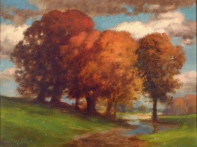 Hermann Traugott Rüdisühli, 1864 Lenzburg/Schweiz - 1944 München, Studium an der Akademie Karlsruhe, hier: herbstliche Stimmungslandschaft im ...