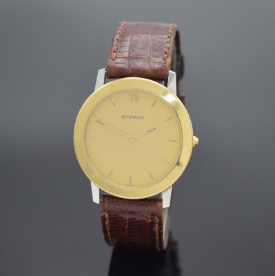 ETERNA flache & elegante Herrenarmbanduhr in Stahl/Gold, Schweiz lt. orig. Papier verk. 1996, quarz, gedr. Geh., Ref. 140 3000 47S, Goldlünette m. ...