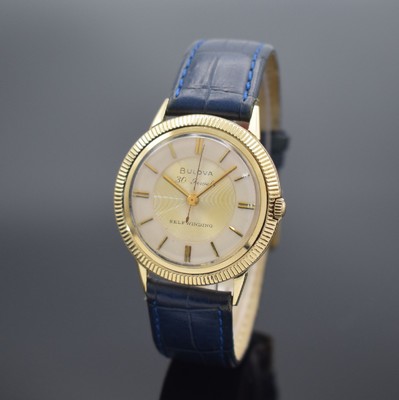 BULOVA Self Winding Armbanduhr in GG 585/000, USA um 1960, Automatik, gedr. Geh. m. Riffel-Lünette, Boden m. Widmungsgrav., 1 Anstoß rep., silb. ...
