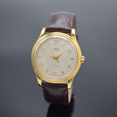 ORIS Armbanduhr in Stahl/vergoldet, Schweiz um 1995, Automatik, beids. vergl. Geh., Boden verschr., orig. Lederband m. verg. Stiftschl., silb. ...