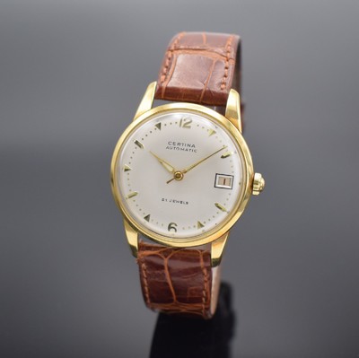 CERTINA Herrenarmbanduhr in GG 750/000 mit original Papier & Rechnung, Schweiz verk. 1955, Automatik, gedr. Geh., silb. Zifferbl. m. gold. Indizes ...