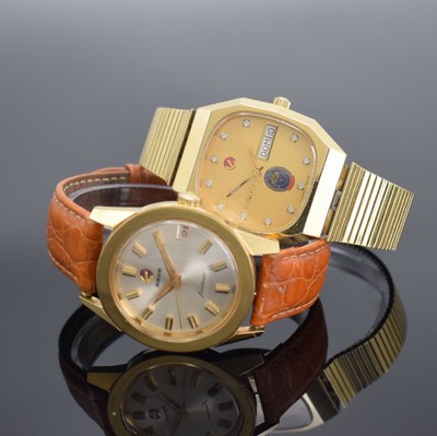 RADO 2 vergoldete Armbanduhren, Schweiz um 1960/1975, Automatik, 1. Starliner, Stahlboden m. Bajonette-Verschluß, silb. Zifferbl., Datum b. 3, vern. ...