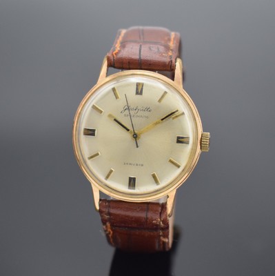 GUB GLASHÜTTE Spezimatic Herrenarmbanduhr, DDR um 1970, Automatik, verg. Geh. m. aufgedr. Stahlboden, silb. Zifferbl. m. gold. Indizes, vern. Werk ...
