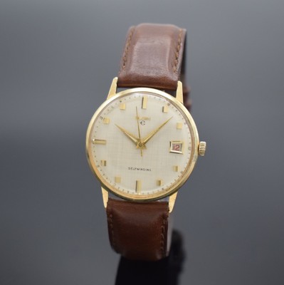 ELGIN Selfwinding Armbanduhr in GG 585/000, Schweiz / USA um 1960, Automatik, Monocoque- Geh., silb. schraffiertes Zifferbl., gold. Indizes & Zeiger, ...
