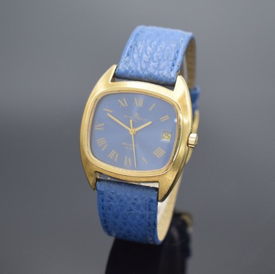 BAUME & MERCIER Baumatic 36000 Armbanduhr in GG 750/000, Schweiz um 1975, Automatik, 4- fach verschr. Geh., blaues Zifferbl. m. gold. röm. Zahlen, ...
