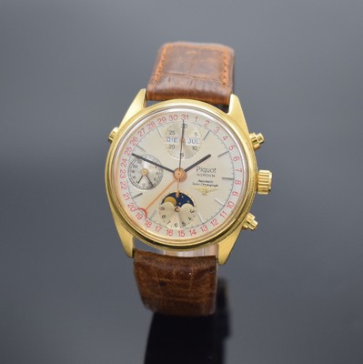 PIQUOT Meridian Herrenchronograph mit Vollkalender, Schweiz um 1995, Automatik, verg. Geh. m. verschr. Stahlboden, silb. Zifferbl., Hilfsblätter f. ...