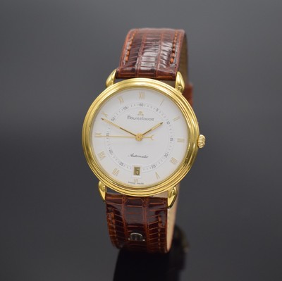MAURICE LACROIX vergoldete Herrenarmbanduhr, Schweiz um 1995, Automatik, beids. vergl. Geh., Ref. 11114, orig. Lederband m. verg. Stiftschl., weißes ...