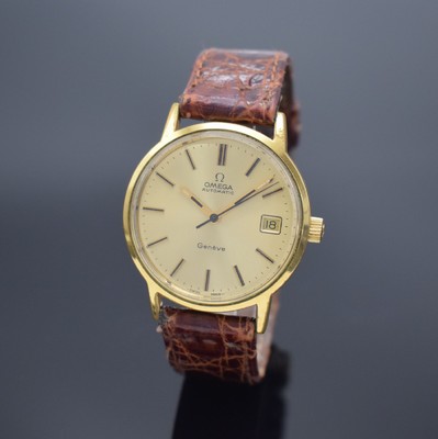 OMEGA Geneve Herrenarmbanduhr, Schweiz um 1973, Automatik, verg. Geh. m. verschr. Stahlboden Ref. 1660163, orig. Glas & Krone, gold. Zifferbl., ...