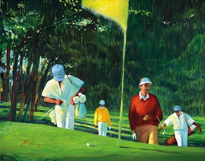 Vladimir N. Kravchenko, Ukrainischer Künstler , hier: Golfspieler, Öl/Lwd, signiert li. u., ca. 74 x 92 cm, rückseitig bez. Collection Störk