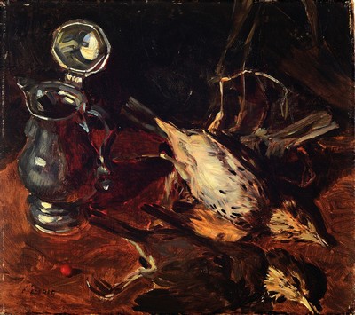Carl Ederer, 1875 Wien-1951 Düsseldorf, Stillleben mit Zinnkrug und Vögel, Öl/Lwd, links unten signiert, ca. 32x36.5cm