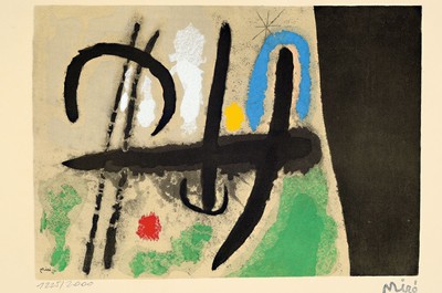 Joan Miro, 1893-1983, Farblithographie, rechts unten Stempelsignatur, links unten num. 1225/2000, rückseitig Adagp, Trocken-stempel Europa, ca. ...