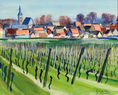 Heinz Friedrich, 1924-2018 Schwetzingen, Blick auf Dirmstein, Gouache auf Papier, signiert und bez. Dirmstein, ca. 39x48cm, PP, u.Gl., R. ca. 67x70cm