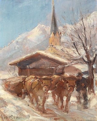 Hermann Sattler, 1892 Wunsredel - 1945 Wattersdorf, Münchener Schule, Meisterschüler von Heinrich Zügel, verschneites Alpendorf mit Ochsengespann ...