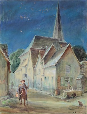 Adolf Kessler, 1890 Godramstein - 1974, "Räuschel Nachtwächter", rückseitig bezeichnetAquarell, rückseitig mit handgeschriebener Karte ...